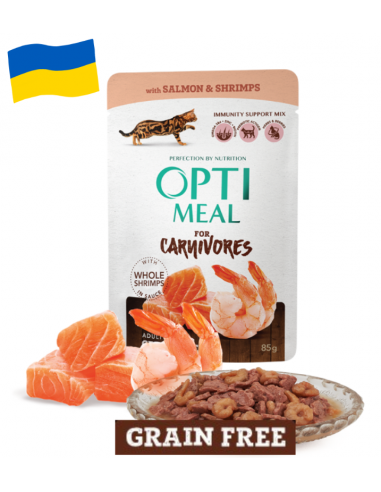 Maistas katėms|Optimeal konservai su lašiša ir krevetėmis, Begrūdžiai 85g
