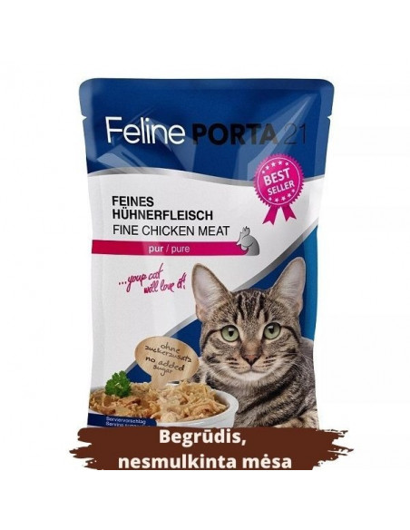 kačių konservai | Plėšytos mėsos begrūdžiai konservai Feline porta Porta 21  Vištienos krūtinėlė maišelyje