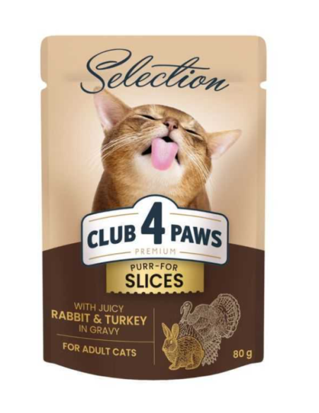 CLUB4PAWS Slices Begrūdžiai Konservai Katėms Su Kalakutienos Ir Triušienos Gabaliukais Daržovių, 80g