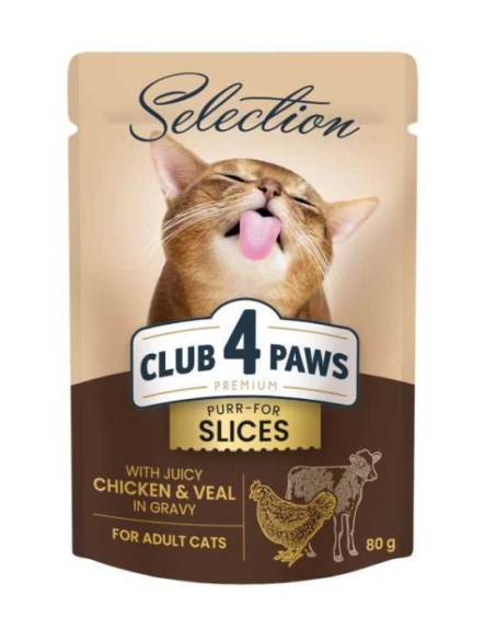 CLUB4PAWS Slices Begrūdžiai Konservai Katėms Su Veršienos Ir Vištienos Gabaliukais Daržovių Drebučiuose, 80g
