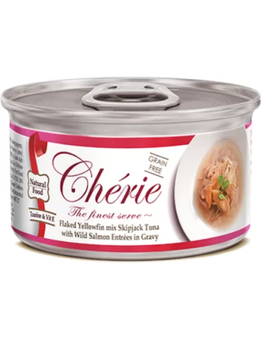 Cherie begrūdžiai plėšytos mėsos konservai katėms su tunu ir lašiša, 80g