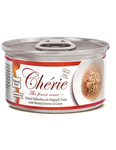 Cherie begrūdžiai plėšytos mėsos konservai katėms su tunu ir krevetėmis, 80g
