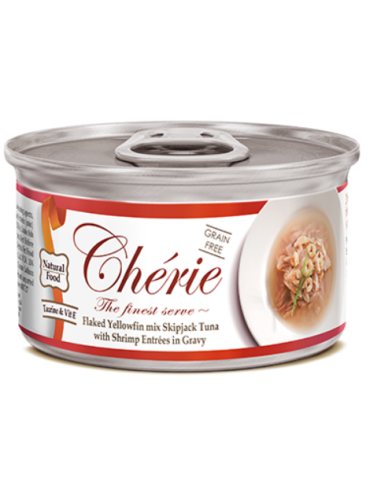 Cherie Signature Gravy begrūdžiai plėšyto tuno konservai su krevetėmis suaugusioms katėms, 80g