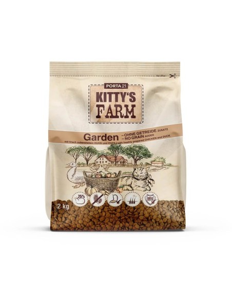 KITTY'S FARM GARDEN sausas begrūdis maistas suaugusioms aktyvioms katėms su vištiena ir antiena