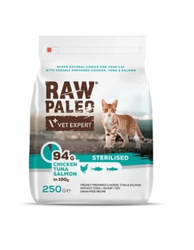 Raw Paleo sausas maistas sterilizuotoms katėms su vištiena, tunu ir lašiša