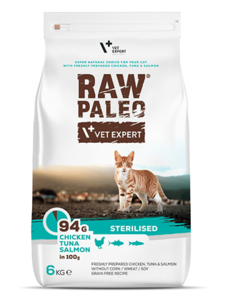 Raw Paleo sausas maistas sterilizuotoms katėms su vištiena, tunu ir lašiša