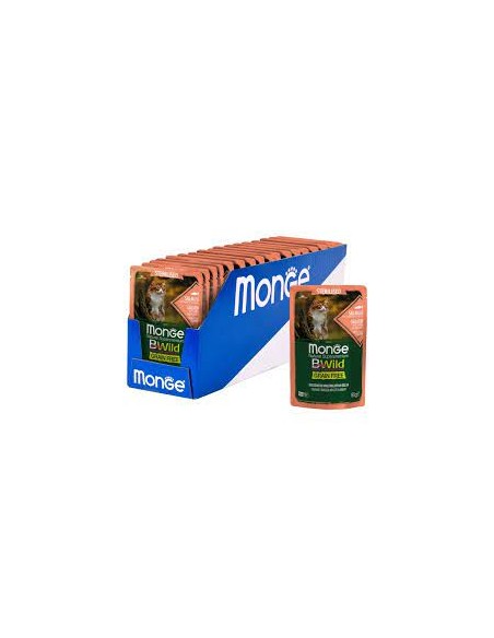 Monge BWild kons. pašaras sterilizuotoms katėms su lašiša, krevetėmis ir daržovėmis, 85g