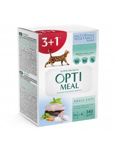 3+1 Optimeal visavertis konservuotas ėdalas suaugusioms katėms su menke ir daržovėmis drebučiuose