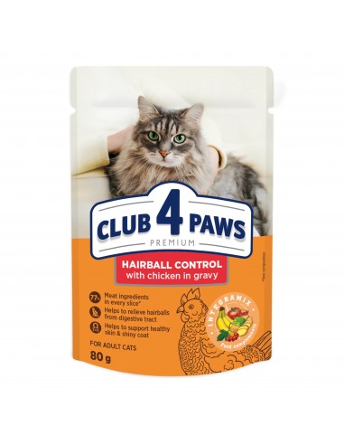 Club4Paws konservai suaugusioms katėms, palengvinantys plaukų sąvėlų pasišąlinimą, su vištiena padaže, 80g