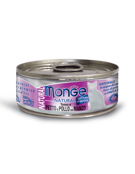 MONGE NATURAL tunas su vištų krūtinėlėmis ir jautiena, 80g