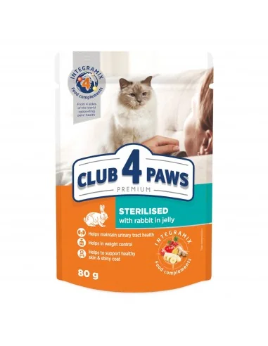Club4paws konservai sterilizuotoms katėms su triušiena, 80gx24