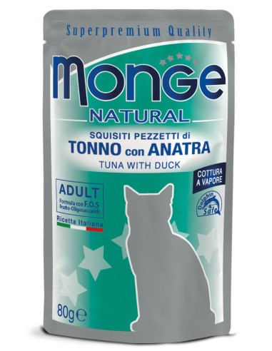 Monge Natural konservai katėms su tunu ir antiena drebučiuose, 80g