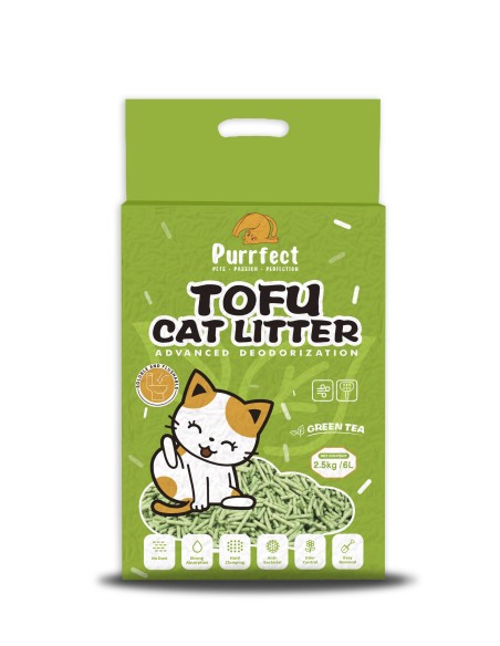 Purrfect Green tea tofu kraikas katėms žaliosios arbatos kvapo sušokantis, nedulkantis, 6l (2,5kg)