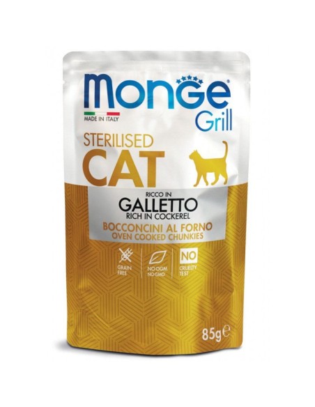 MONGE GRILL Sterilised kons. katėms su gaidiena, gabalėliai