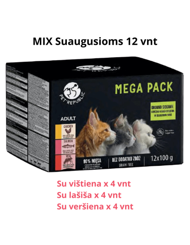 PetRepublic konservai suaug. katėms švelniame padaže MIX vištiena, lašiša, veršiena 12x100g