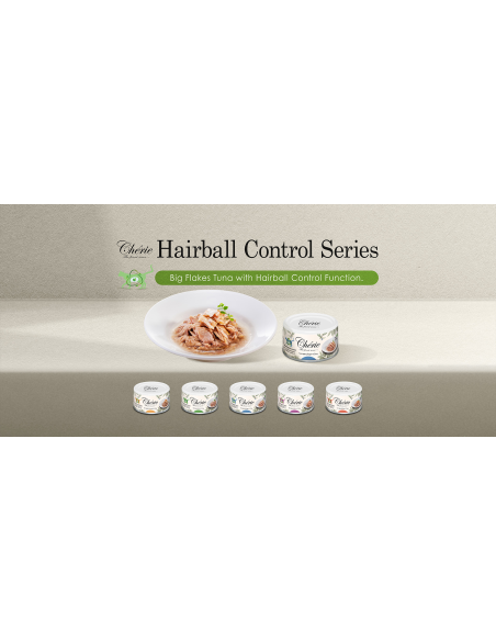Cherie Hairball Control begrūdžiai plėšyto tuno konservai su lašiša suaugusioms katėms, 80g