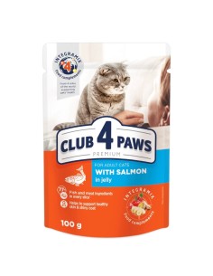 Club 4 paws konservai suaugusioms katėms su lašiša drebučiuose