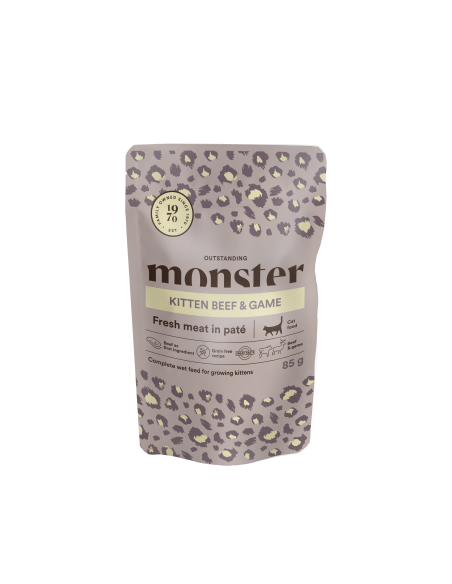 Monster Kitten konservai su jautiena ir žvėriena kačiukams, 85g.