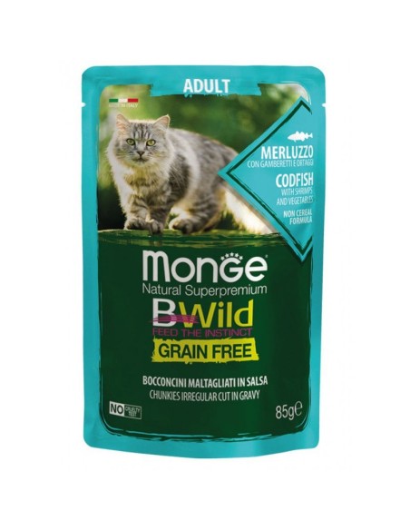 Monge BWild konservai suaugusioms katėms su menke, krevetėmis