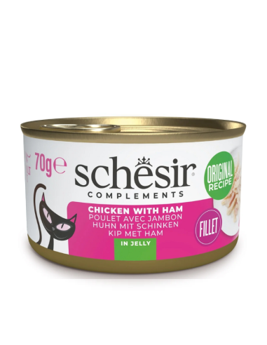 Schesir plėšytos mėsos filė su daug skysčio, vištiena su kumpiu drebučiuose