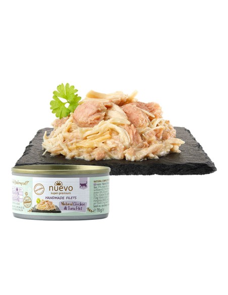 Nuevo rankų darbo plėšyto vištienos ir tuno mėsos konservai, 70g