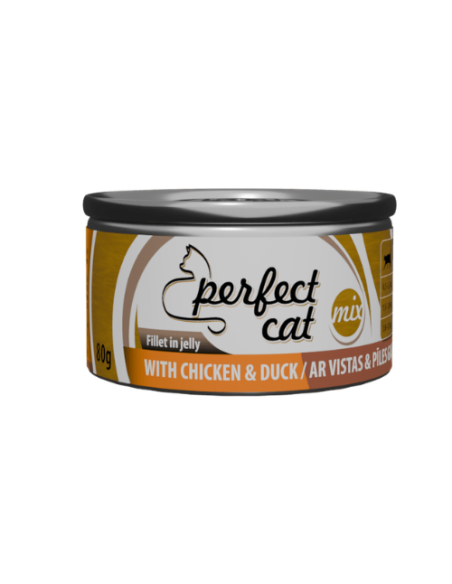 Perfect Cat plėšytos mėsos konservai vištiena ir antiena drebučiuose, 80g