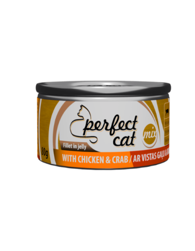 Perfect Cat plėšytos mėsos konservai vištiena ir krabas drebučiuose, 80g