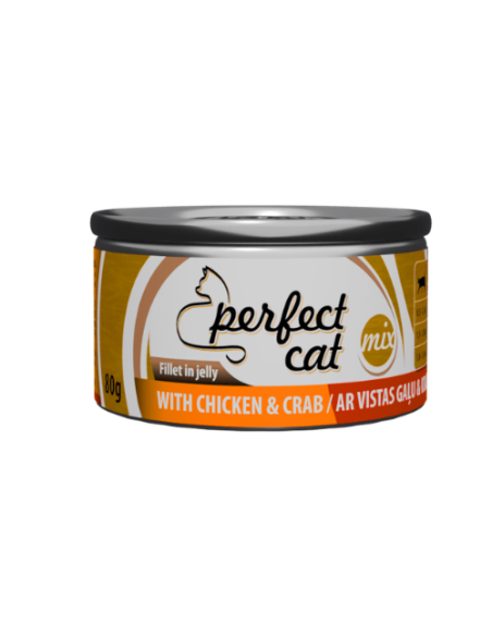 Perfect Cat plėšytos mėsos konservai vištiena ir krabas drebučiuose, 80g