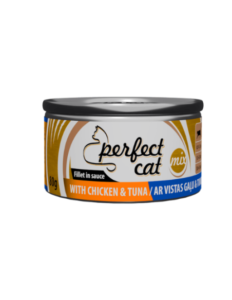 Perfect Cat plėšytos mėsos konservai vištiena ir tunu padaže, 80g