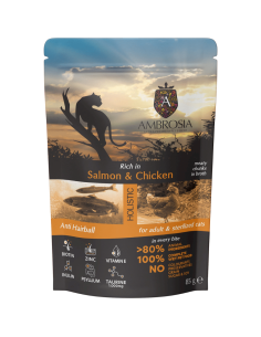 AMBROSIA Cat Adult Sterilized Salmon & Chicken 85g konservai katėms su lašiša ir vištiena