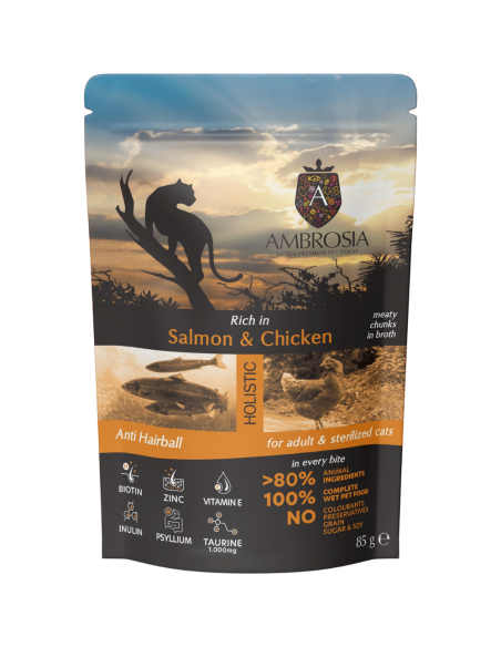 AMBROSIA Cat Adult Sterilized Salmon & Chicken 85g konservai katėms su lašiša ir vištiena