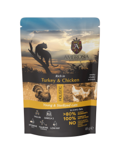 AMBROSIA Cat Kitten & Adult Sterilized Turkey & Chicken 85g konservai katėms su kalakutiena ir vištiena