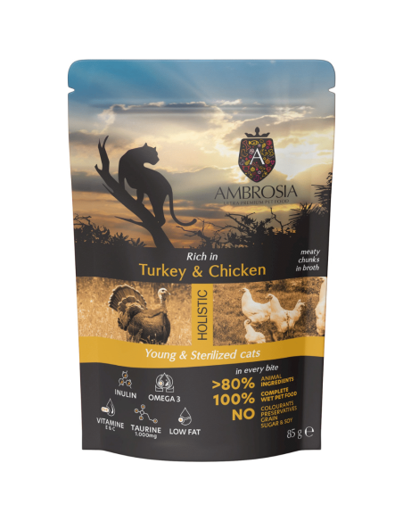 AMBROSIA Cat Kitten & Adult Sterilized Turkey & Chicken 85g konservai katėms su kalakutiena ir vištiena